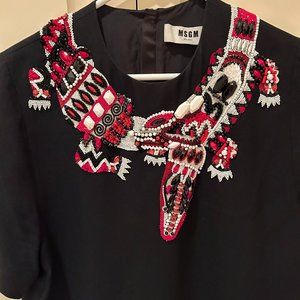 MSGM Milano Short Black Dress with Red, Black, Yellow Sequined Lizard Design